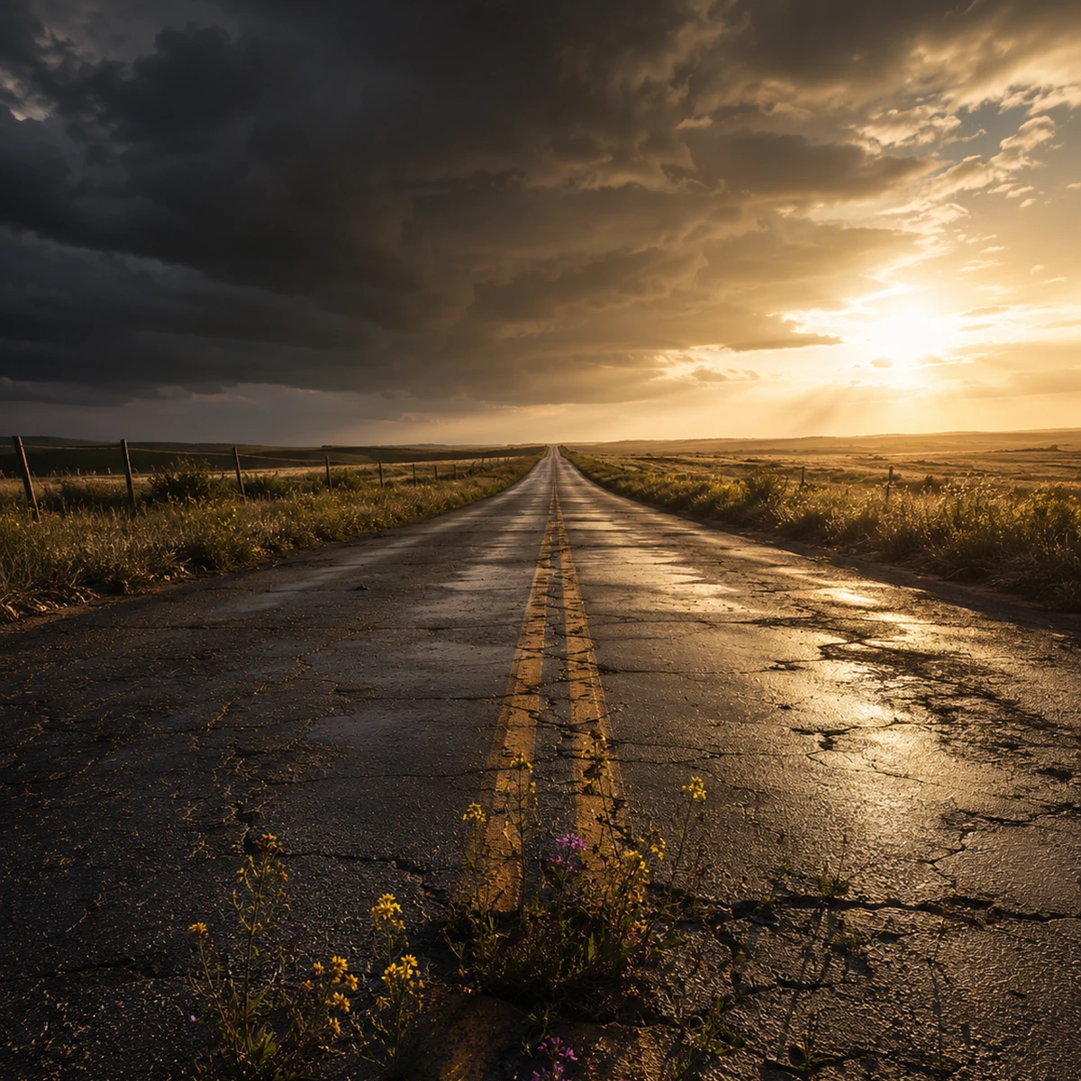 Cover art for Beautiful Wreckage showing a cracked road after rain, storm clouds breaking into light, and small wildflowers growing through the pavement.