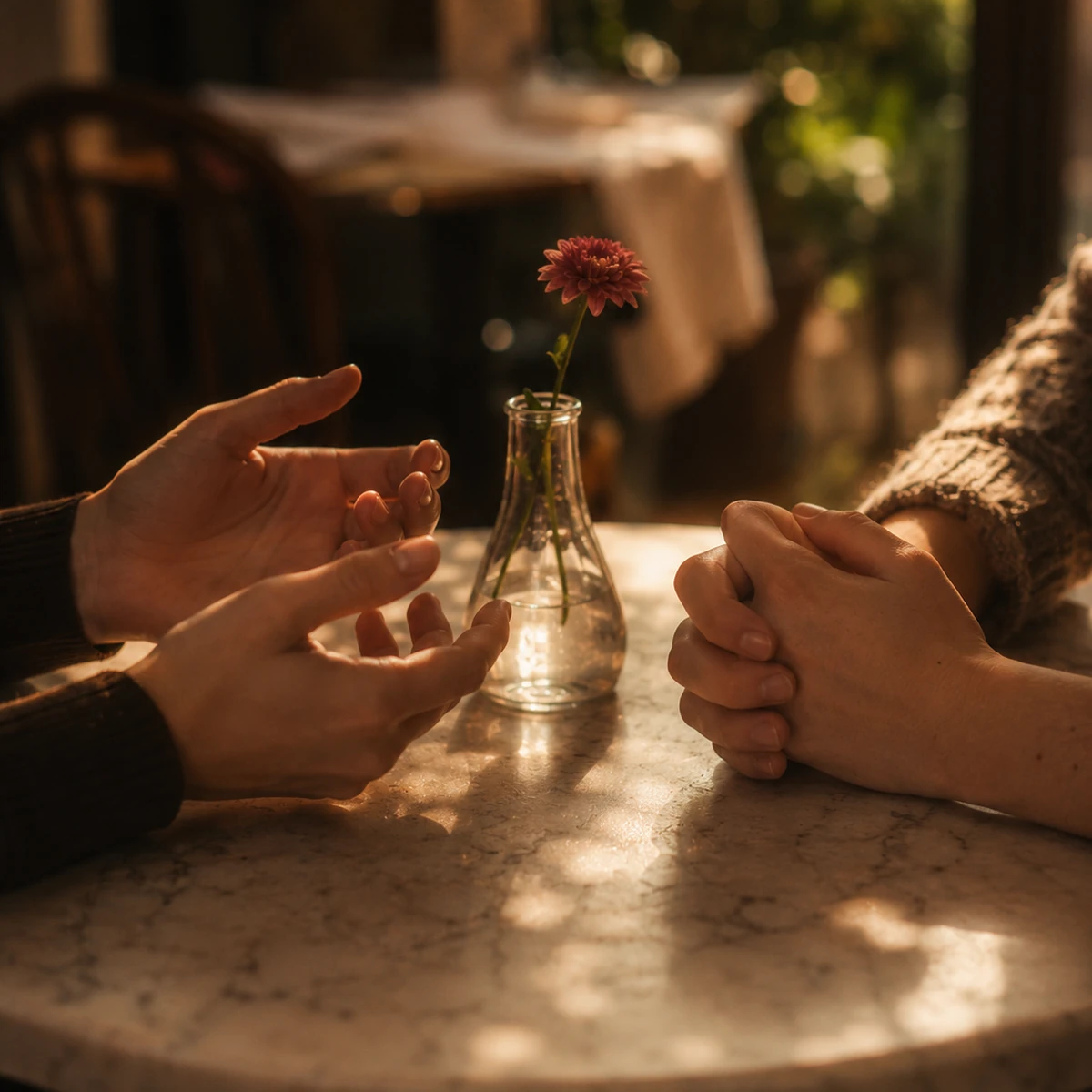 Cover art for I Won’t Tell You showing two sets of hands across a café table with a single flower between them in warm, intimate light.