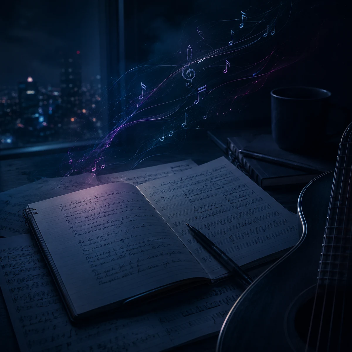 A songwriting desk at night with a notebook, sheet music, guitar, coffee, and glowing musical notes near a city window.